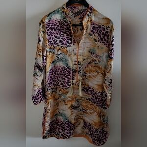 NEW Silky Women's Animal Abstract Printed Tunic, Purple & Tan, S/M